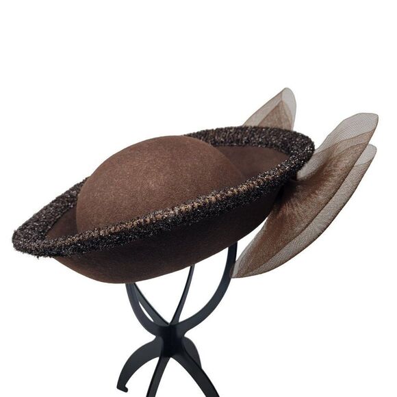 Vintage Unique Rare Wool Church Hat Bumper Halo‎ Brown Netted Bow Chocolate main image 7